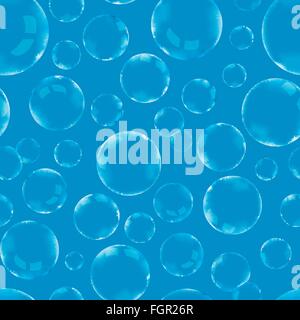 Beaucoup de bulles de savon sur bleu, motif transparent Illustration de Vecteur