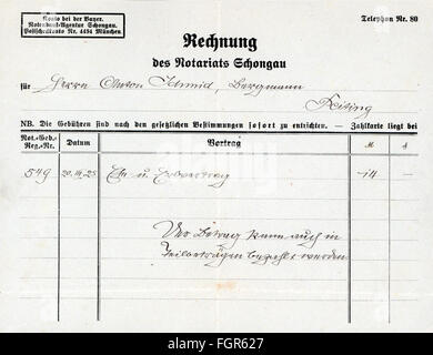 justice, documents, facture du bureau du notaire Schongau, de 14 marque pour le travailleur minier Anton Schmid de Poiting pour la délivrance d'un contrat de mariage et d'héritage, émis 20.3.1925, droits additionnels-Clearences-non disponible Banque D'Images