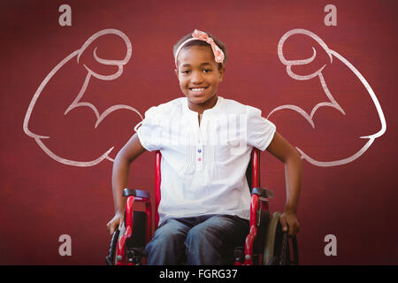 Image composite de girl sitting in wheelchair in school corridor Banque D'Images