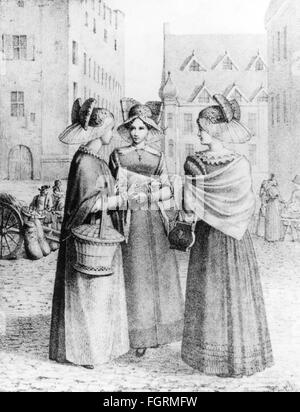 Mode, costume traditionnel, Bavière, Augsbourg femmes en costumes civiques traditionnels, lithographie colorée, vers 1830, droits additionnels-Clearences-non disponible Banque D'Images