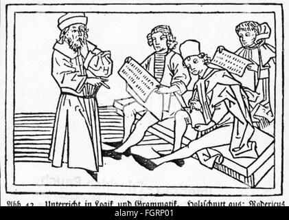 Pédagogie, école / leçons / discipline, enseignant enseignant aux élèves de la logique et de la grammaire, woodcut, de: Rodericus Zamorensis (1404 - 1470) : 'peculum Vitae Humanae', imprimé: J.Bämler, Augsbourg, 1479, droits additionnels-Clearences-non disponible Banque D'Images