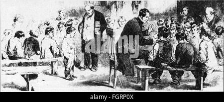 Pédagogie, école / leçons / discipline, cours scolaires pour plusieurs classes dans une seule salle de classe, gravure en bois, 1846, droits additionnels-Clearences-non disponible Banque D'Images