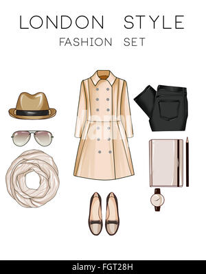 Ensemble de la mode vetements femme et accessoires - Chapeau Panama, mocassins, jeans, lunettes, moleskine, regarder, trench coat Banque D'Images