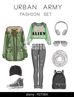 Ensemble de la mode vetements femme et accessoires - Parka militaire vert, noir jeans déchirés, des chaussures de sport, chapeau, foulard, sac à dos Banque D'Images