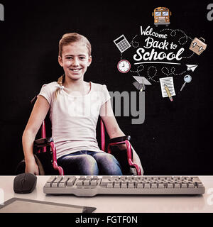 Image composite de girl sitting in wheelchair in school corridor Banque D'Images