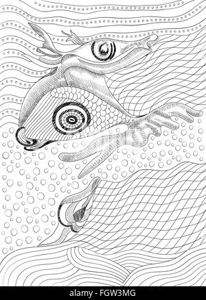 Surreal dessin à la main et le poisson, modèle abstrait avec contours noirs, peuvent utiliser pour les affiches, autocollants, cartes à colorier Illustration de Vecteur