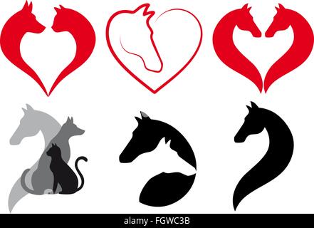 Chat, Chien, cheval coeur amour animal, icônes, dessins de logos vector set Illustration de Vecteur