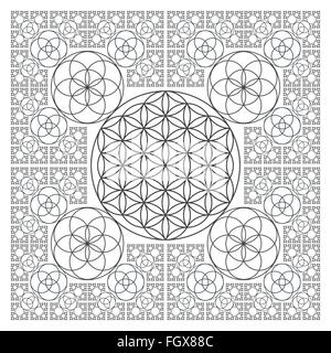 Rond noir monochrome contour vectoriel géométrie sacrée décoration fleur de vie cercle semences isolées fractal fond blanc Illustration de Vecteur