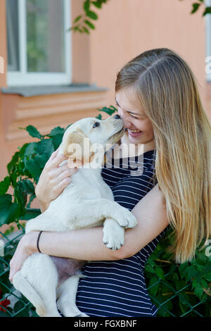 Portrait de Jeune femme tenant sur les mains, chiot Labrador Banque D'Images