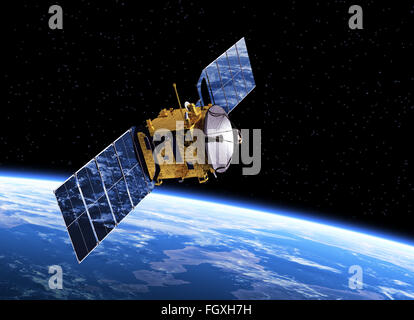 Satellite de communication en orbite autour de la Terre. Scène 3D réaliste. Banque D'Images