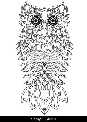 Amusant grand hibou avec des éléments géométriques contour noir isolé sur le fond blanc, cartoon illustration vectorielle Illustration de Vecteur