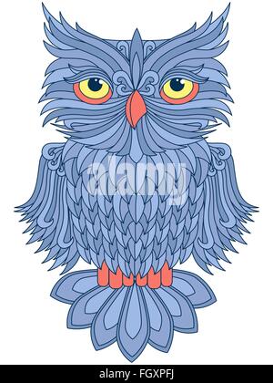 Big Blue Owl amusant avec les yeux jaune isolé sur le fond blanc, cartoon illustration vectorielle Illustration de Vecteur