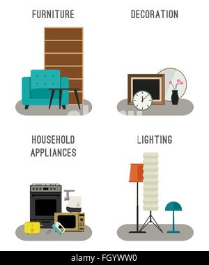 Meubles et accessoires de décoration d'icônes. Illustration de Vecteur