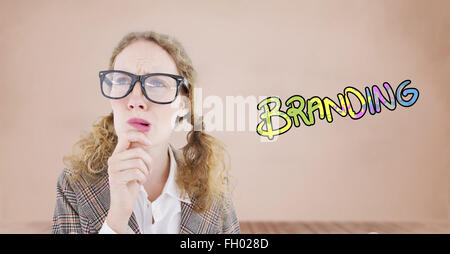 Image composite de hipster geek woman thinking with hand on chin Banque D'Images