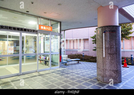 Un tsunami signe à Onagawa Hospital le 11 février 2016, la préfecture de Miyagi, au Japon. Quelques semaines avant de la cinquième anniversaire de Tohoku 2011 Séisme et du Tsunami, le gouvernement japonais a annoncé que la deuxième moitié de l'œuvre de reconstruction dans la région de Tohoku devrait être conclu avant le début des Jeux Olympiques de Tokyo 2020. Selon le site web de l'Agence de reconstruction environ 250 milliards de dollars ont été alloués à la première période (2011-2015) et de 65 milliards de dollars de plus ont été mis de côté pour un ''période de reconstruction et de revitalisation'' à partir de l'exercice 2016. L'Agence a également Banque D'Images