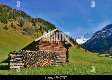 Hangar, grange, derrière et Olperer, Fußstein Innervals, vallée de Vals, Tyrol, Autriche Banque D'Images