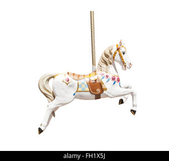Vieux cheval de manège en bois isolé sur fond blanc Banque D'Images