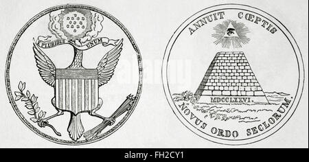 Guerre d'Indépendance américaine (1775-1783). Le Grand Sceau des États-Unis, utilisé pour authentifier les documents publiés par le gouvernement fédéral des États-Unis. Il a été utilisé pour la première fois publiquement en 1782. La gravure. 19e siècle. Banque D'Images