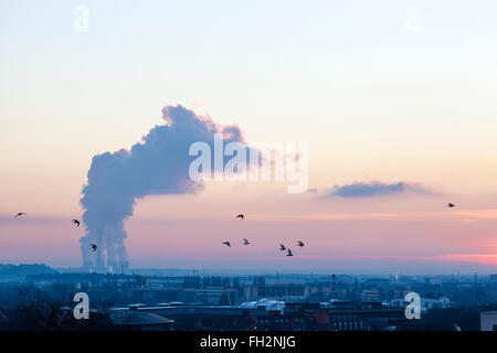 Changement climatique. Oiseaux volant au-dessus de Nottingham contre un ciel nocturne avec des émissions de gaz à effet de serre d'une centrale électrique, le Nottinghamshire, Angleterre, Royaume-Uni Banque D'Images