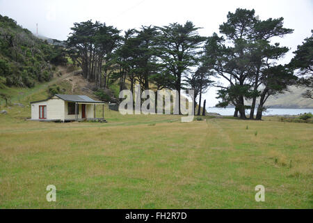 Bunkhouse à Flea Bay, réserve naturelle de la péninsule de Banks, Nouvelle-Zélande Banque D'Images