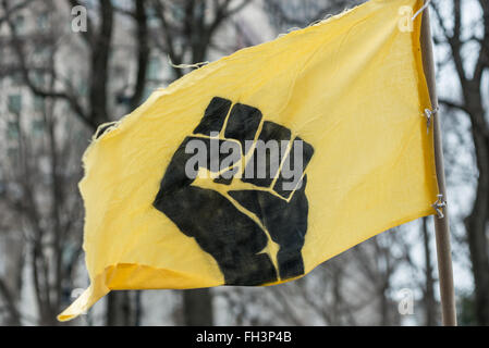 New York, États-Unis. Feb 23, 2016. Un drapeau portant l'image d'un peu différent au mouvement populaire omniprésente rallyes vole au-dessus de la manifestants comme ils rassemblent à l'extérieur de l'Hôtel de Ville. Une confédération d'une douzaine de militants de la réforme pénitentiaire se sont rassemblés à l'Hôtel de ville de New York pour exiger qu'ils ferment la controverse Rikers Island établissement correctionnel où, entre autres, Kalief Browder, mourut, les critiques soutiennent que la prison n'est pas sécuritaire et la détention prolongée des détenus à l'installation est une violation des droits constitutionnels. Credit : Albin Lohr-Jones/Pacific Press/Alamy Vivre sw Banque D'Images