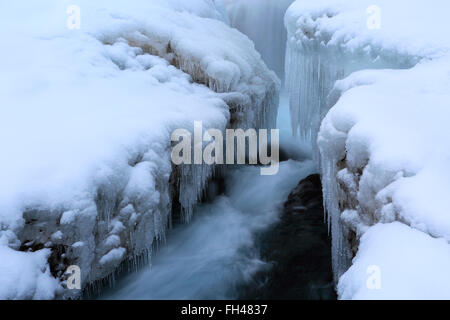 Neige de l'hiver au cours de la cascade Oxararfoss, Pingvellir National Park, site classé au patrimoine mondial, le sud-ouest de l'Islande, l'Europe. Banque D'Images