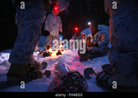 Un groupe de Marines américains affectés à la compagnie interarmes de Bulgarie utilise de petits brûleurs pour faire fondre la neige dans l'eau comme l'unité met en place le camp pour la nuit. Cette société est composé de plusieurs véhicules avec plusieurs fonctionnalités, y compris les véhicules d'assaut amphibie, M1A1 Abrams des chars de combat et des véhicules blindés. Dans les semaines qui ont précédé l'exercice Cold Response 16, à la fin du mois, les deux nations ont mené la formation bilatérale pour améliorer la capacité du Corps des Marines des États-Unis pour l'exploitation par temps froid. L'exercice mettra en vedette les forces maritimes, terrestres, un Banque D'Images