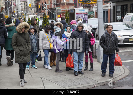 2016 : le Nouvel An Chinois, Chinatown, NEW YORK, l'année du singe. Les résidents locaux sur East Broadway. Banque D'Images