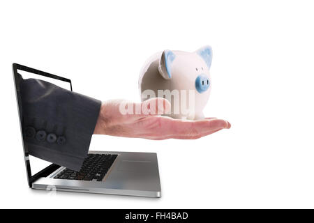 Composite image of businessman holding hand out dans la présentation Banque D'Images
