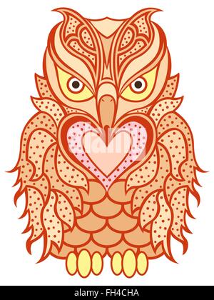 Big orange amusante hibou avec long bec et coeur isolé sur le fond blanc, cartoon illustration vectorielle Illustration de Vecteur