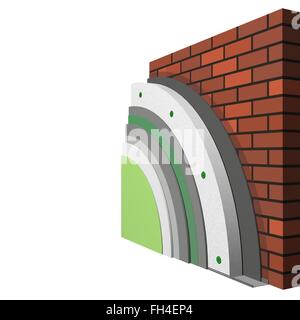 Schéma en couches 3D'isolation du mur extérieur à l'aide de panneaux de polystyrène ou de polystyrène pour l'isolation thermique. Banque D'Images