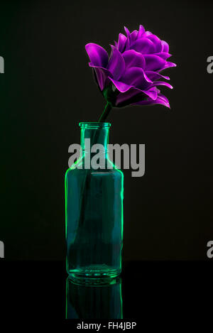 Fleur pourpre dans une bouteille en verre vert Banque D'Images