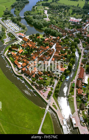 Vue aérienne, de la vieille ville de Düsseldorf avec Jeetzel et vieux Jeetzel, Elbe, Elbe, Hochwaaserschutzbauten, verrou, Hitzacker (Elbe) Banque D'Images