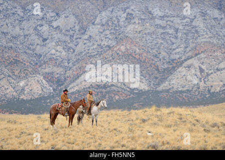 Cowboy et Cowgirl de l'équitation en pleine nature, montagnes Rocheuses, Wyoming, USA Banque D'Images