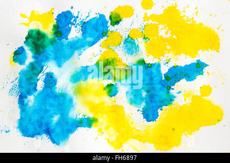 Aquarelle bleu jaune mix abstract background. Sur le papier peint blanc grenu. À utiliser comme comme un élément de conception ou de texture. Banque D'Images