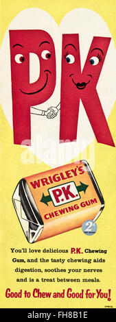 Vintage Original advert à partir de 1950. Publicité La publicité 1956 du chewing-gum Wrigley's PK. Banque D'Images