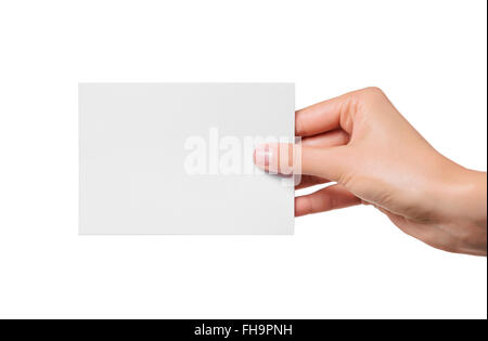 L'adolescence féminine hand holding blank carte de visite, isolated on white Banque D'Images