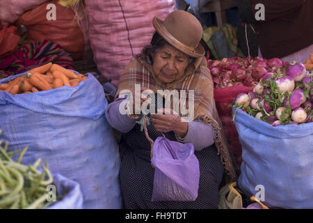 Une femme vend ses produits dans un marché à La Paz. Banque D'Images