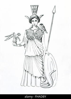 Le dessin des lignes d'Athena, Minerva holding,Nike lance, bouclier et le port d'un Gorgoneia avec aegis et Owl et serpent. Banque D'Images