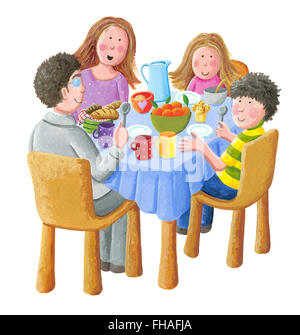 Illustration acrylique de happy family eating breakfast - contenu artistique Banque D'Images