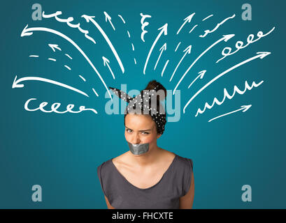 Jeune femme avec la bouche ou collés Banque D'Images