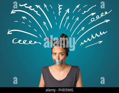 Jeune femme avec la bouche ou collés Banque D'Images