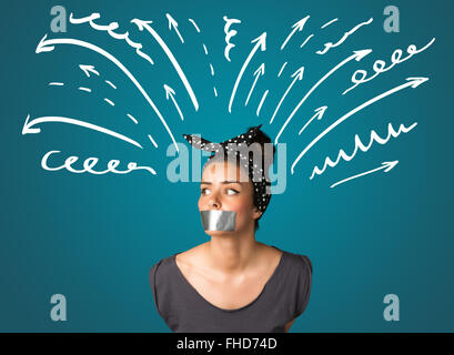 Jeune femme avec la bouche ou collés Banque D'Images