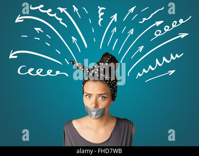 Jeune femme avec la bouche ou collés Banque D'Images