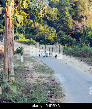 Les enfants sur le chemin de l'école dans la campagne birmane Banque D'Images