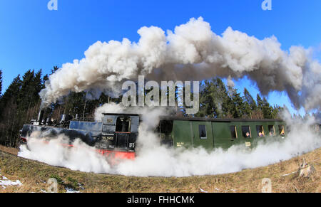 Wernigerode, Allemagne. Feb 25, 2016. Un train de l'Harz Narrow Gauge Railways (HSB) peut être vu sur un trajet en haut de la montagne Brocken à Wernigerode, Allemagne, 25 février 2016. Les chemins de fer à voie étroite du Harz est l'adaptation de son taux actuel de la croissance économique à partir 01 mars 2016. Cela aura une incidence sur le tarif de base pour les kilomètres parcourus ainsi que le tarif spécial. Brocken normalisés Photo : PETER GERCKE/dpa/Alamy Live News Banque D'Images