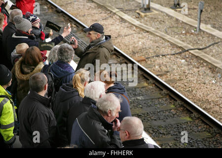 La gare de York, Royaume-Uni, 25 février 2016. La foule attendant l'arrivée de l'A3 LNER, récemment restauré, la locomotive de la classe "Flying Scotsman" après son premier transport de passagers retour voyage de King's Cross de Londres à New York. La locomotive a été rétablie à un prix de £4.2 millions et en plus d'offrir dans une nouvelle exposition à l'emplacement de New York GRN sera le transport de trains spéciaux dans tout le Royaume-Uni dans les mois à venir. Crédit : david soulsby/Alamy Live News Banque D'Images