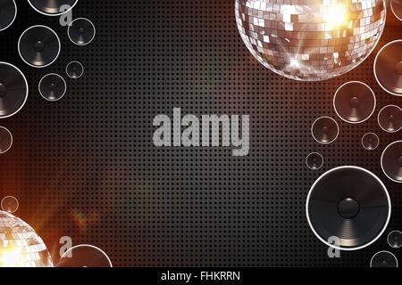 Rétro Disco Abstract Background Illustration avec haut-parleurs Bass et boules disco. Banque D'Images
