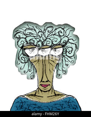 Vue avant tirage main portrait caricature de vieille femme exotiques avec ennuie ou expression de colère isolé en fond blanc. Banque D'Images