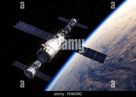 La Station spatiale et les engins spatiaux en orbite autour de la Terre. Scène 3D. Banque D'Images
